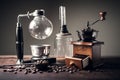 Japanese siphon coffee maker and coffee grinder Royalty Free Stock Photo