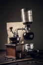 Japanese siphon coffee maker and coffee grinder Royalty Free Stock Photo