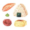 Japanese snack set. Onigiri, salmon sashimi, ume plum, rolled omelet. Watercolor illustration. Asian food. Hand drawn