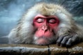 Japanese snow monkey sleeping in hot springs. Amazing wildlife. Generative Ai