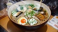 Japanese soba noodle hot soup with green onion, naruto, seaweed and raw egg