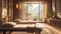 Japanese spa interior with mountain view Royalty Free Stock Photo