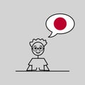 japanese speaking cartoon boy with speech bubble in flag of Japan colors, male character learning japanese language