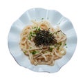 Japanese Spicy Cod Roe Udon (Mentaiko Udon) on White Background Royalty Free Stock Photo