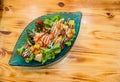 Japanese spicy salad sashimi salmon with Premium fresh raw salmon. Asian salad with tofu and fresh vegetables Mixed sliced fish sa Royalty Free Stock Photo