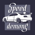 Japanese sport car. Speed demons lettering. Vector illustration