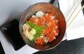 Japanese Steamed Rice Topping with Red salmon caviar served with Wasabi, Salmon roe bowl, Japanese food. Top view Royalty Free Stock Photo