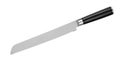 Japanese steel bread knife with serrated blade on white background. Kitchen knife isolated with clipping path. Top view Royalty Free Stock Photo