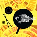 Japanese still life - fish, chopsticks and tea. Royalty Free Stock Photo