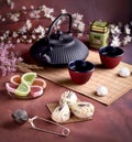 Japanese still life with tea and sweets Royalty Free Stock Photo