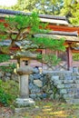 Japanese stone lantern and temple gates. Royalty Free Stock Photo