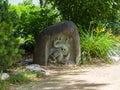 Japanese stone sculpture dragon bas-relief. Landscaping