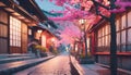 Japanese street with cherry blossoms