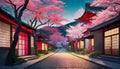 Japanese street with cherry blossoms