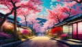 Japanese street with cherry blossoms