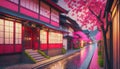 Japanese street with cherry blossoms