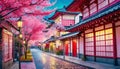 Japanese street with cherry blossoms