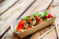 Japanese street food Takoyaki. octopus balls in box