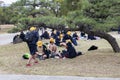 Japanese student in primary school camping in the garden of Osaka castle Royalty Free Stock Photo