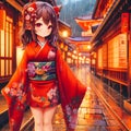 Japanese style of an adorable anime girl with kimono in an acient city street, anime style, colorful, wallpaper, t-shirt design