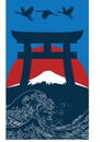 Japanese style background. Torii Gate, Fuji mountain, The great wave off kanagawa and storks hand drawing vector Royalty Free Stock Photo