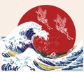 Japanese style background vector. Storks and wave hand drawing vector illustration Royalty Free Stock Photo