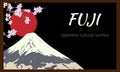 Japanese-style banner with Fuji volcano. Vector illustration in a flat style on a black background for Japanese cards, posters,