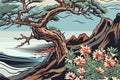 Japanese style classic illustration with bonsai tree, volcano and flowers. Oriental contemporary background, abstract