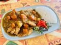 Japanese style curry, fried chicken tenders, carrots and potatoes, with rice. Royalty Free Stock Photo