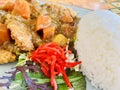 Japanese-style curry, fried chicken tenders and salads, with rice. Royalty Free Stock Photo