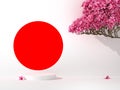Japanese-style display stand decorated with sakura trees and leaves / 3D Render