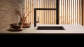 Japanese-style faucets and sinks, Minimal brown stone vanity counter