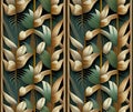 Japanese style flower and leaf pattern. Bamboo, hemp and lotus illustration on green background. Royalty Free Stock Photo