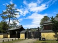 Japanese style house kiosk, roof, fence, gate with dark green tr Royalty Free Stock Photo