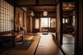 japanese style interior with warm wooden floors and natural light