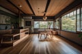 japanese style interior with warm wooden floors and natural light