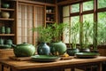 Japanese style kitchen interiore dishes bamboo vase window