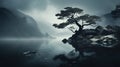 Japanese-style Landscape: A Serene Tree On A Rock In A Foggy Lake