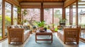 Japanese style living room with sakura blossom tree in the background. Royalty Free Stock Photo