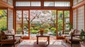 Japanese style living room with sakura blossom tree in the background. Royalty Free Stock Photo