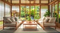 Japanese style living room with sakura blossom tree in the background. Royalty Free Stock Photo