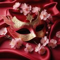 Japanese style masquerade mask on red satin fabric and sakura branches. ai generative Royalty Free Stock Photo