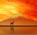 Red Fuji in sunset background