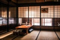 Japanese style room with Tatami and paper door, wooden table Royalty Free Stock Photo