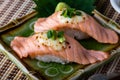 Japanese style salmon sushi. Royalty Free Stock Photo