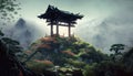 Japanese-style shrine on top of misty overgrown mountain