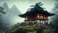 Japanese-style shrine on top of misty overgrown mountain