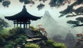 Japanese-style shrine on top of misty overgrown mountain