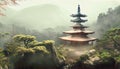 Japanese-style shrine on top of misty overgrown mountain