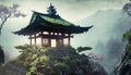 Japanese-style shrine on top of misty overgrown mountain